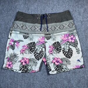 Tommy Bahama Men's XXL Gray Floral Swim Trunks Pink Flowers